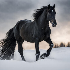 Elegance in motion: A majestic black horse gracefully walking on snow, embodying strength and beauty in a winter wonderland.