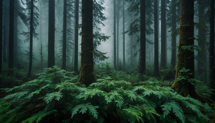 A dense forest with towering fir trees, their deep green leaves enshrouded in a mysterious fog and...