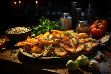 High resolution visualization of delicious homemade chips on the wooden board, dif, generative IA