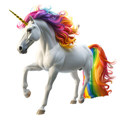 Obraz na płótnie Canvas A 3D animated cartoon render of a magical unicorn leaping over rainbows.