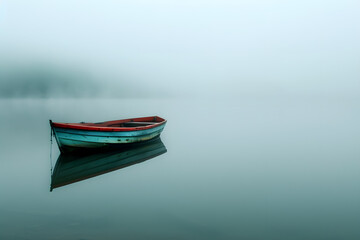 Naklejka premium Small wooden boat floating on calm lake
