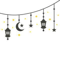 Simple hanging Arabic traditional lantern lamp for Ramadan Kareem, Eid Fitr or Adha Mubarak Greeting banner card. crescent moon and star symbol Outline line icon Vector Illustration
