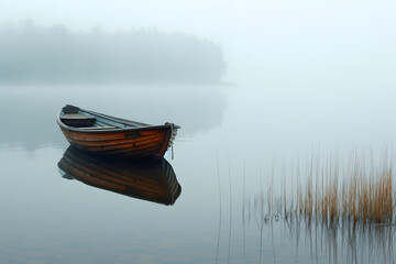 Small wooden boat floating on calm lake
