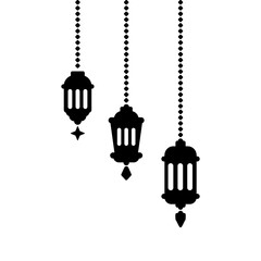 Simple hanging Arabic traditional Ramadan Kareem lantern. Eid Fitr or Adha Mubarak lamp Greeting crescent moon and star symbol black Outline line icon Vector Illustration