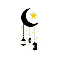 Simple hanging Arabic traditional Ramadan Kareem lantern on crescent moon and stars. Eid Fitr or Adha Mubarak lamp Greeting card symbol Outline line icon Vector Illustration