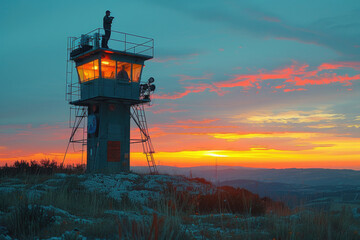 At sunset, a figure stands atop a weather tower, capturing the breathtaking view of the sky ablaze with orange and red hues. - obrazy, fototapety, plakaty