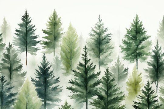 Green Trees Watercolor Painting on White Background Generative AI