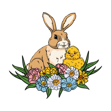 Bright vector illustration with a chicken and a rabbit in the grass with flowers. Image for Easter card, print, sticker