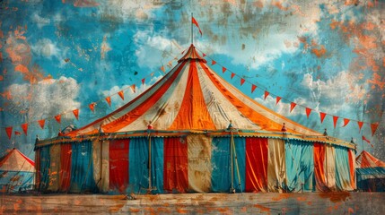 Vintage circus dreamy big top tent retro clowns and acrobats nostalgic carnival atmosphere - obrazy, fototapety, plakaty