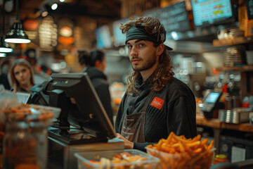 A genial young man working as a cashier in a bustling cafe, his amiable expression and casual attire contributing to the warm and friendly ambiance of the eatery. - obrazy, fototapety, plakaty