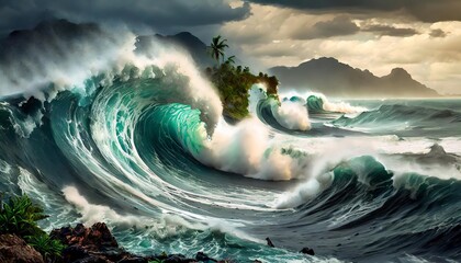 Generated image of tsunami in the ocean - obrazy, fototapety, plakaty