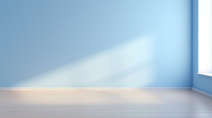 Smooth blue empty wall and wooden floor with shadow from window for product display and presentation background.