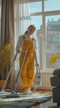 Smiling cleaning worker with steam cleaner in apartment, cleaning service concept