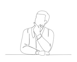 Continuous one line drawing of a man thinking with put her finger in the chin. Bunisness man thinking single outline vector illustration. Editable stroke.