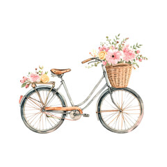 beautiful elegant minimal design of bicycle for women with pastel flowers in the front basket, watercolour