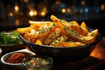 Superior view delicious chips with seasonings in dark potato hamburger fast-food, generative IA
