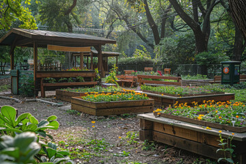 Obraz premium Community garden beds bloom with marigolds and lush plants in an urban park, showcasing the integration of nature and neighborhood in the heart of the city