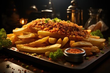 Superior view delicious chips with spices in fast-food hamburger of dark tablet po, generative IA