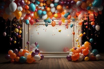 HD perfection captures balloons of all sizes framing an empty birthday frame, creating a visual prelude to the upcoming photographic celebration. - obrazy, fototapety, plakaty