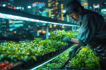 In the heart of the metropolis, a dedicated male urban farmer cultivates lush hydroponic greens, merging technology with nature amidst the city's nocturnal glow