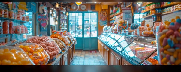 Retro candy store colorful sweets dreamy nostalgic childhood memories