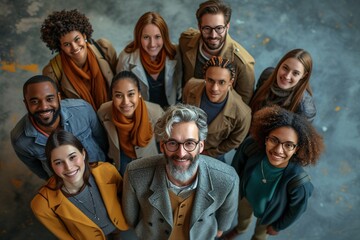 Aerial view of a smiling, diverse group standing in a circle and looking up at the camera