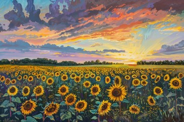Obraz premium watercolor of Sunrise over a field of sunflowers bright and cheerful nature landscape