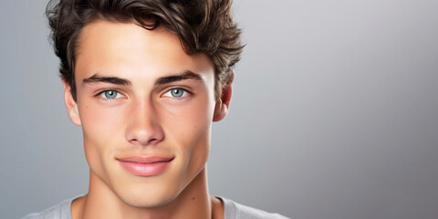 close-up portrait of male model on light background, head shot handsome brunette man with blue eyes