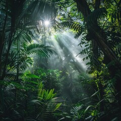 Naklejka premium Sunlight filtering through a dense green canopy in a virgin forest mystical and untouched