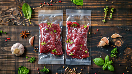 Vacuum-sealed steaks ready for sous-vide cooking, surrounded by fresh herbs and spices on a rustic wooden table.