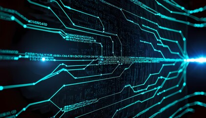 Generative AI.  glowing futuristic circuit board with binary code and graphs. a dark  background with a glowing  circuit board. The circuit board has many lines and connections
