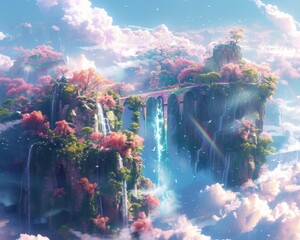 Floating islands in the sky connected by rainbow bridges inhabited by winged unicorns - obrazy, fototapety, plakaty