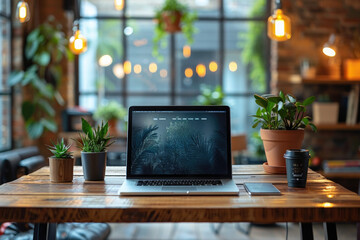 Workspace with Laptop and Houseplants