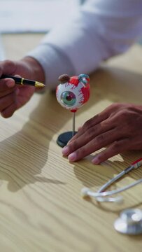 Vertical footage of doctor explaining each part of eys and ophthalmology system to patient and medical student in hospital