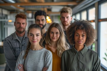 Fototapeta premium A confident group of young professionals stand together, looking at the camera in a modern office