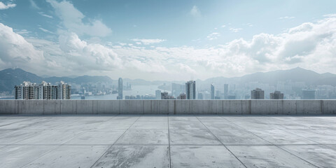 The skyline is seen from a concrete deck. - obrazy, fototapety, plakaty