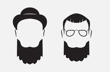 Set of bearded men silhouette faces hipster style with different haircuts. Long beard with facial hair man. Handsome man symbolizes the icons. Vector illustration