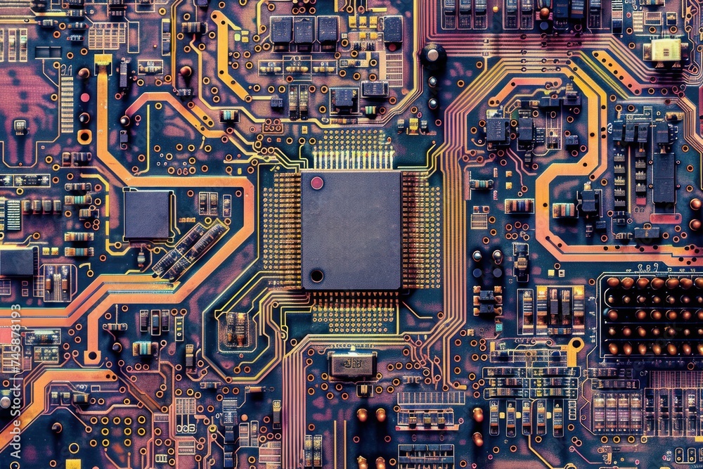 Poster a computer processor chip revealing intricate circuit patterns and metallic textures