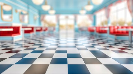 Vintage style diner interior with classic checkerboard flooring and vibrant blue and red colors.