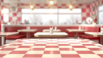 Classic 1950s American diner interior with checkered red and white tablecloths and a sunny ambiance.