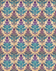Elegant floral wallpaper pattern with shades of blue and purple on a weathered background.