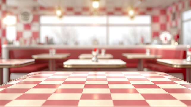Classic 1950s American diner interior with checkered red and white tablecloths and a sunny ambiance.