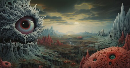 An otherworldly close-up scene of a surreal landscape rendered in the highest quality by a talented illustrator