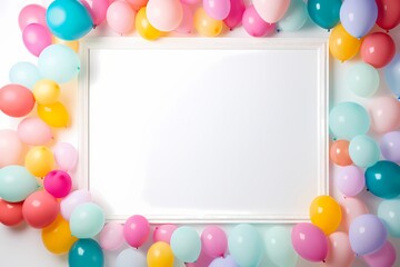 Colorful balloons, big and small, create a vibrant circle around an empty birthday frame, eagerly awaiting the photographic spectacle about to unfold.