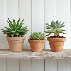  Green succulents in terracotta pots against a white wall simplicity and nature