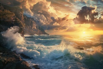 Fototapeta premium Coastal cliffs with crashing waves below and a dramatic sunset nature landscape