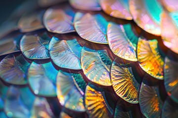 Detailed image of a fish scale under a microscope highlighting the overlapping pattern and iridescent colors - obrazy, fototapety, plakaty