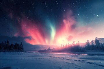  Breathtaking view of the Northern Lights Aurora Borealis over a serene snow covered landscape vibrant colors dancing across the night sky capturing the magical and ethereal atmosphere high