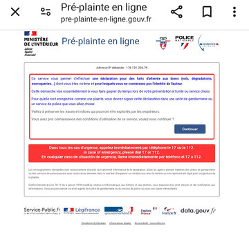 site pour déposer un Pré plainte en ligne écrit en français