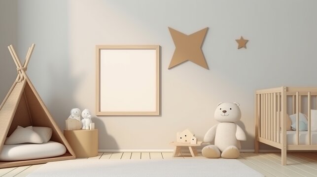 Cozy children room interior with wooden toys, furniture and black picture frame mockup. Farmhouse style interior design concept.